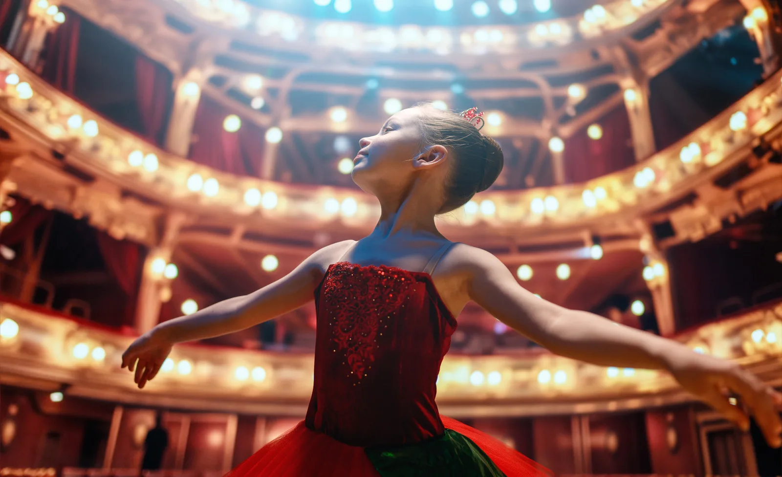 Bailarina con tutú rojo en pleno salto sobre el escenario de un teatro con palcos iluminados