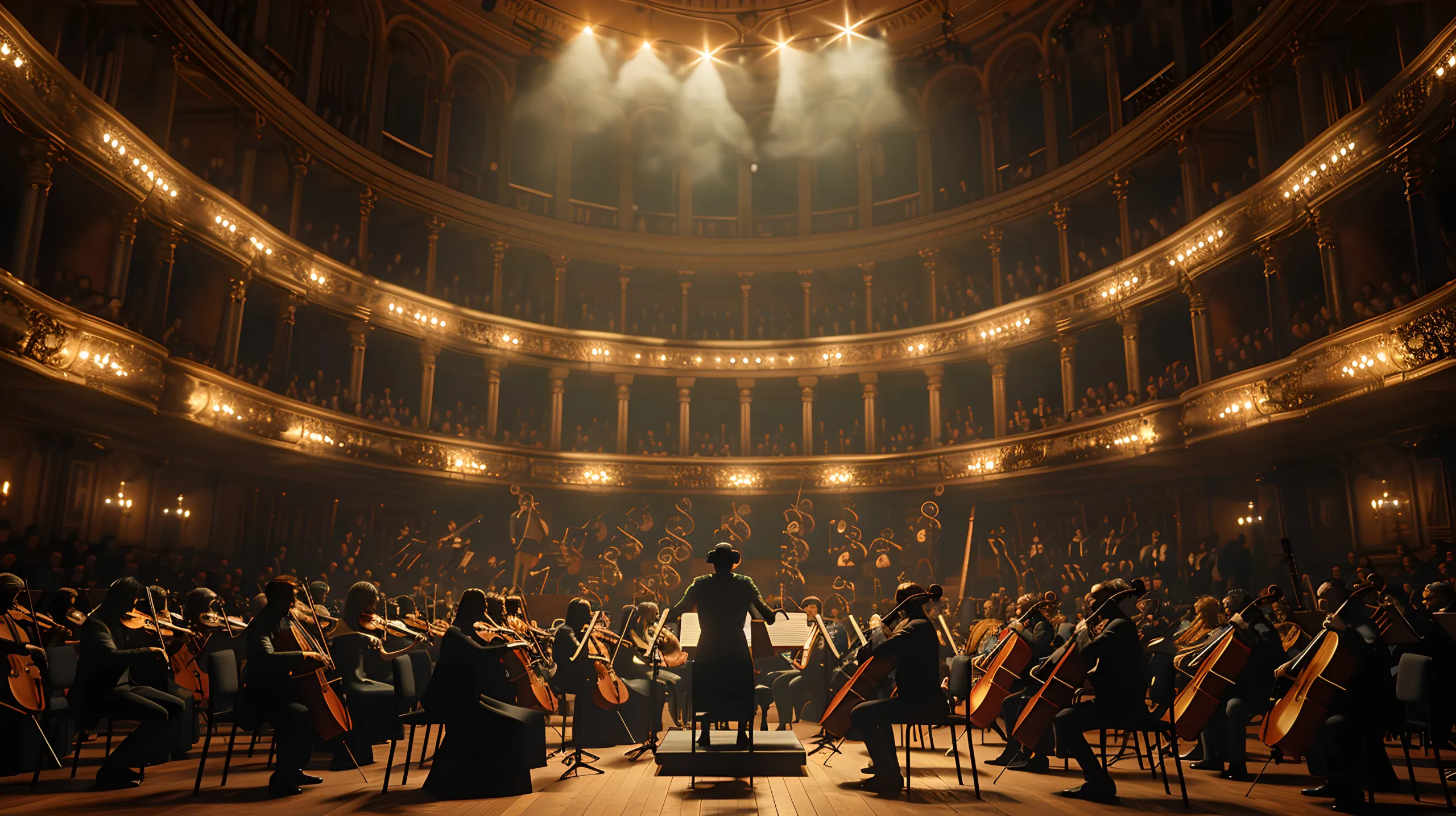 Orquesta sinfónica y su director en el escenario de un teatro iluminado con luz cálida