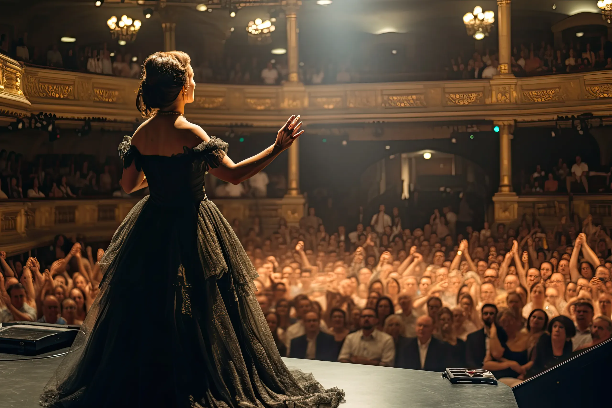 Soprano con vestido de gala, de espaldas, cantando ante un teatro lleno